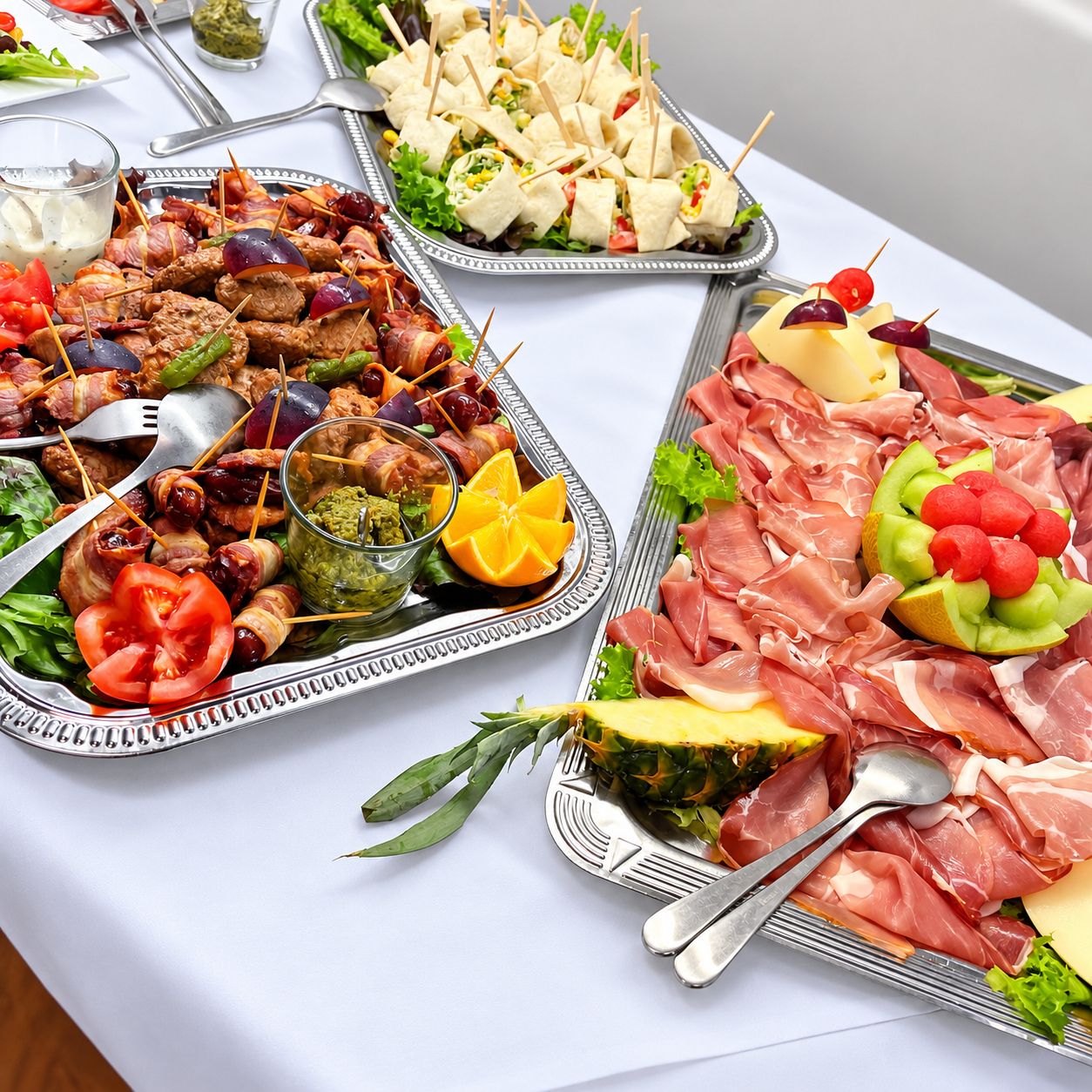Liebevoll dekorierte Fleisch- und Schinkenplatten am Buffet