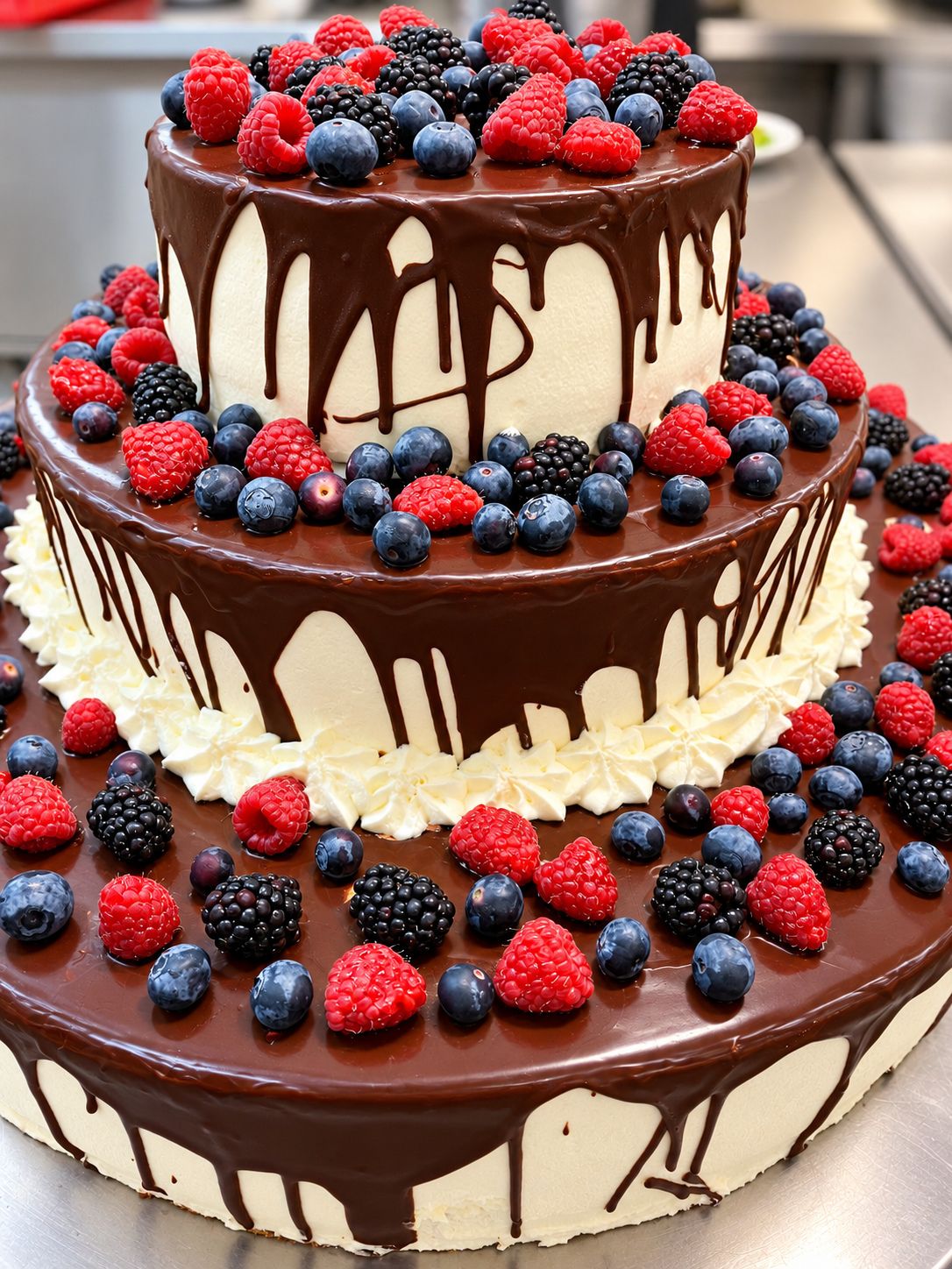 Zweistöckige Torte mit Schokolade und frischen Beeren