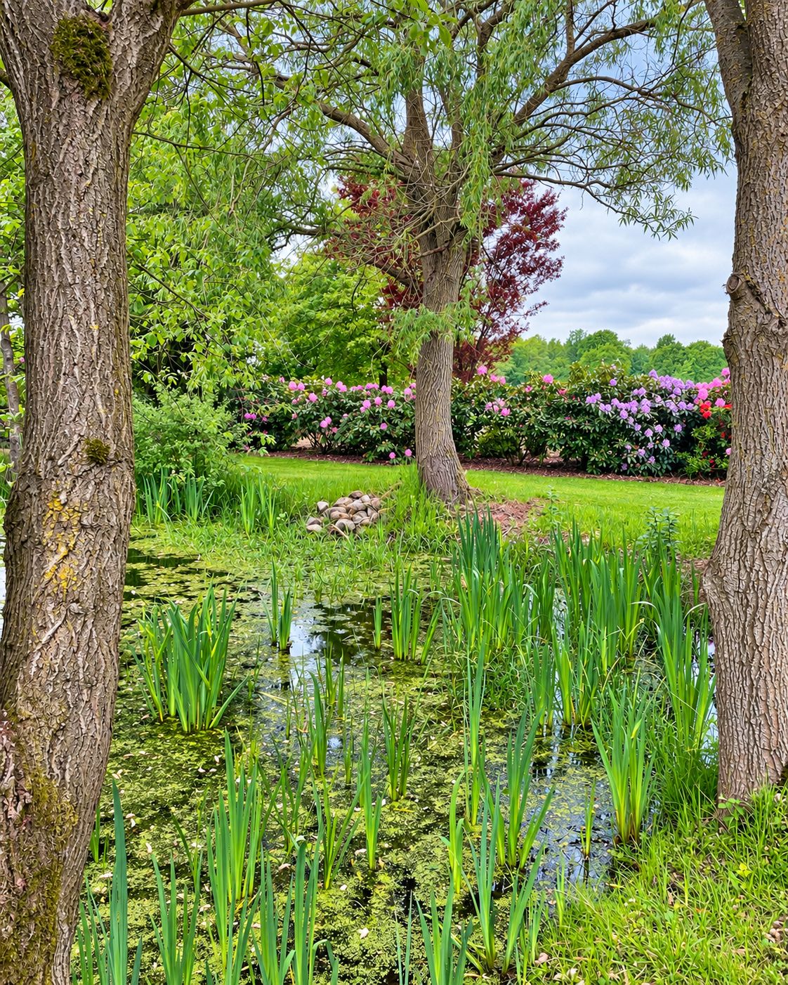 Erlebnisgarten mit Teich und alten Bäumen am Hof Moorblick