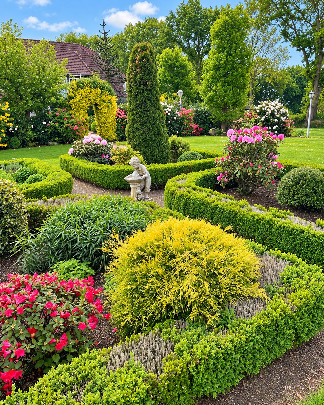 Themengarten mit Buchsbaumhecken am Hof Moorblick